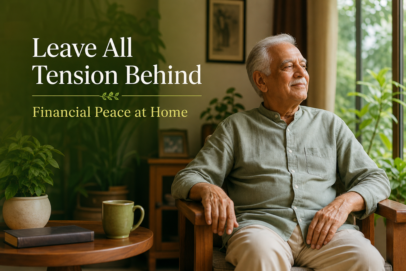Elderly man relaxing peacefully at home — financial security after retirement